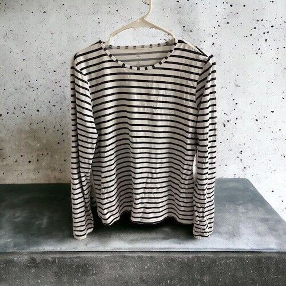 Lands End Stretch Long Sleeve Top Size 10-12 M White Navy Striped Nylon/Spandex